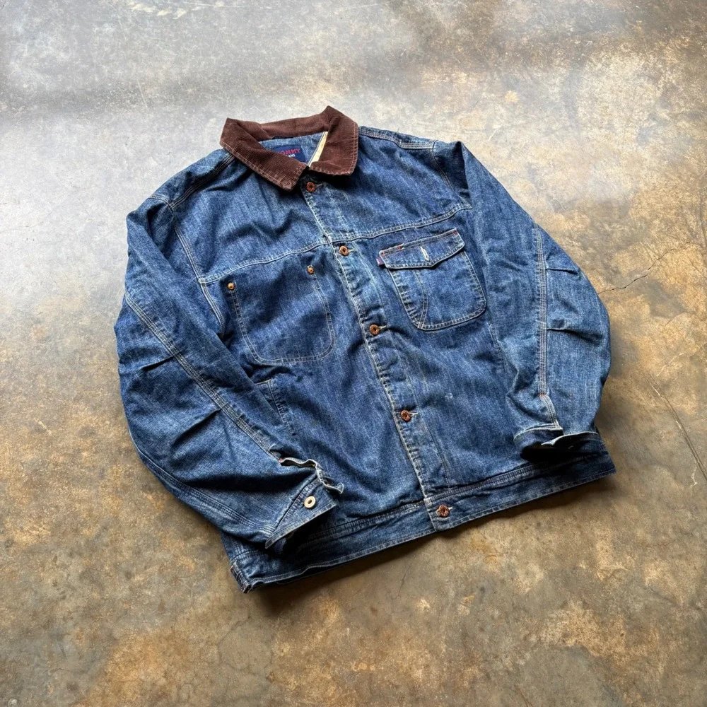 Tommy Jeans Mens Vintage Denim Chore Jacket Corduroy Collar Quilted Lined Blue L